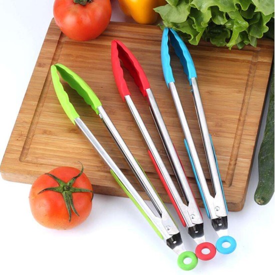 Silicone Food Non-Slip Stainless Steel Kitchen Tong - Black Silicone Food Non-Slip Stainless Steel Kitchen Tong - Black