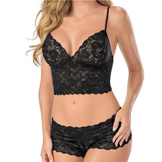 Two Piece Lingerie Set Women Lace See-Through - Black Two Piece Lingerie Set Women Lace See-Through - Black