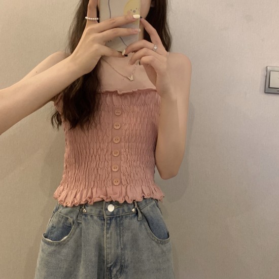 Women Slim Solid Wrinkle Crop Tops Shirt - Pink