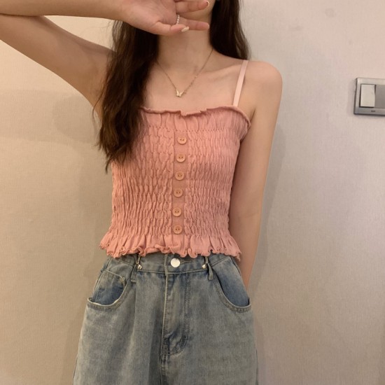 Women Slim Solid Wrinkle Crop Tops Shirt - Pink