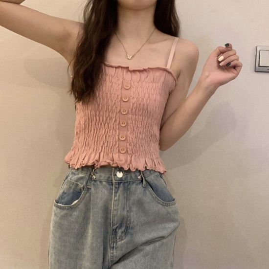Women Slim Solid Wrinkle Crop Tops Shirt - Pink