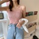 Women Slim Solid Wrinkle Crop Tops Shirt - Pink