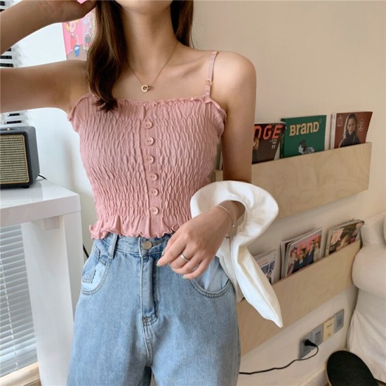 Women Slim Solid Wrinkle Crop Tops Shirt - Pink