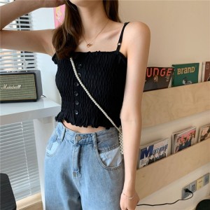 Women Slim Solid Wrinkle Crop Tops Shirt - Black