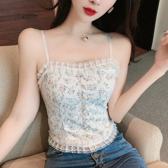 Flower Lace Stitching Zipper Camisole Design Top - White
