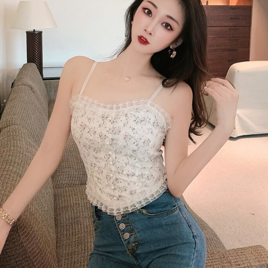 Flower Lace Stitching Zipper Camisole Design Top - White