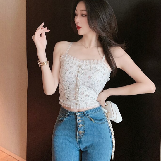 Flower Lace Stitching Zipper Camisole Design Top - White