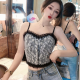 Flower Lace Stitching Zipper Camisole Design Top - Black
