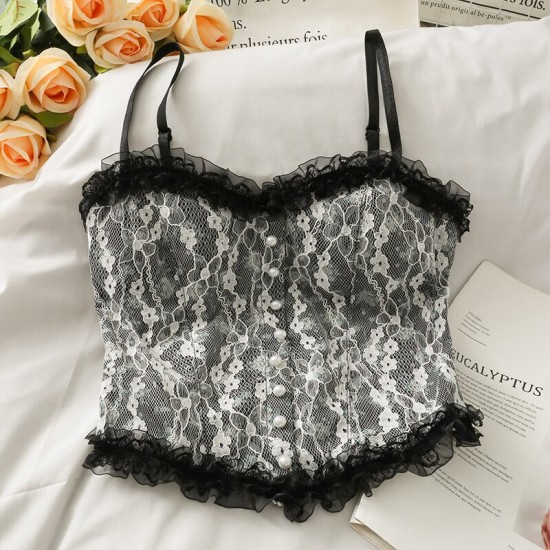 Flower Lace Stitching Zipper Camisole Design Top - Black