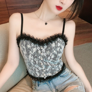 Flower Lace Stitching Zipper Camisole Design Top - Black