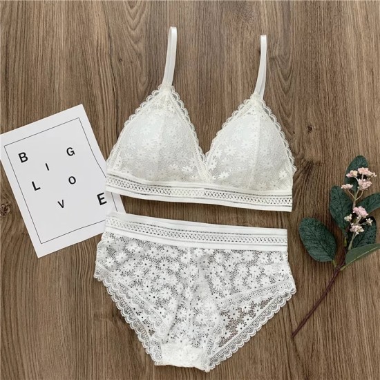 Classy Lace Underwear Suit V-Neck Hollow Out - White Classy Lace Underwear Suit V-Neck Hollow Out - White