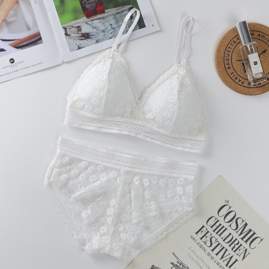 Classy Lace Underwear Suit V-Neck Hollow Out - White Classy Lace Underwear Suit V-Neck Hollow Out - White
