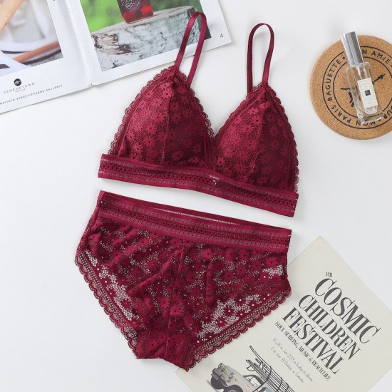 Classy Lace Underwear Suit V-Neck Hollow Out - Maroon Classy Lace Underwear Suit V-Neck Hollow Out - Maroon