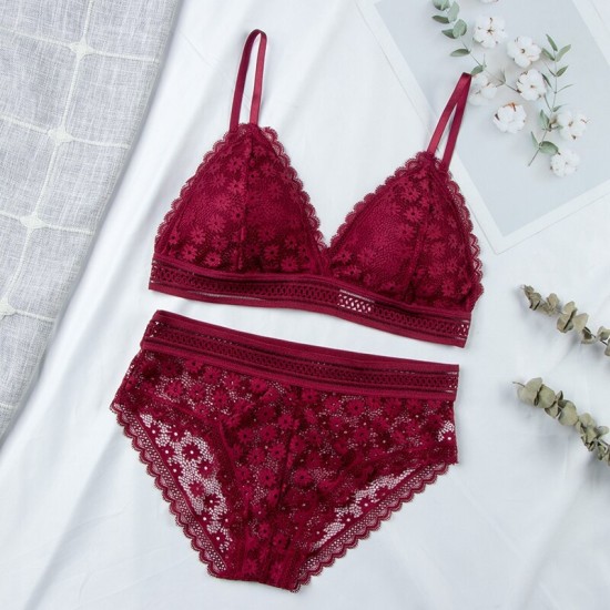 Classy Lace Underwear Suit V-Neck Hollow Out - Maroon Classy Lace Underwear Suit V-Neck Hollow Out - Maroon
