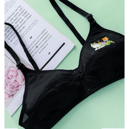 Cartoon Gather Women Rimless Bra Cotton Adjustable - Black