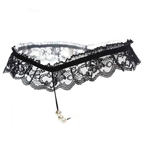 Hot Lingerie Lace Women G-String Low Waist Pearl Thongs - Black