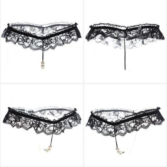 Hot Lingerie Lace Women G-String Low Waist Pearl Thongs - Black