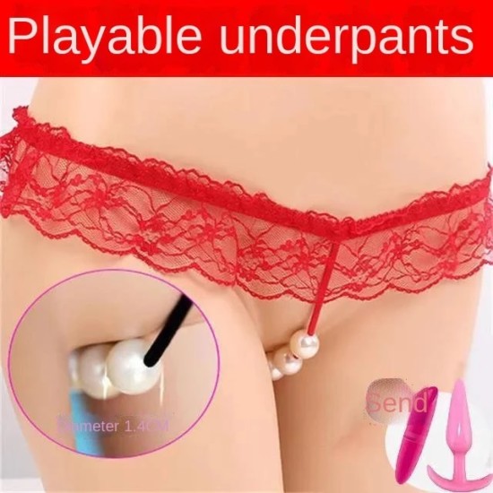 Hot Lingerie Lace Women G-String Low Waist Pearl Thongs - Rose Pink