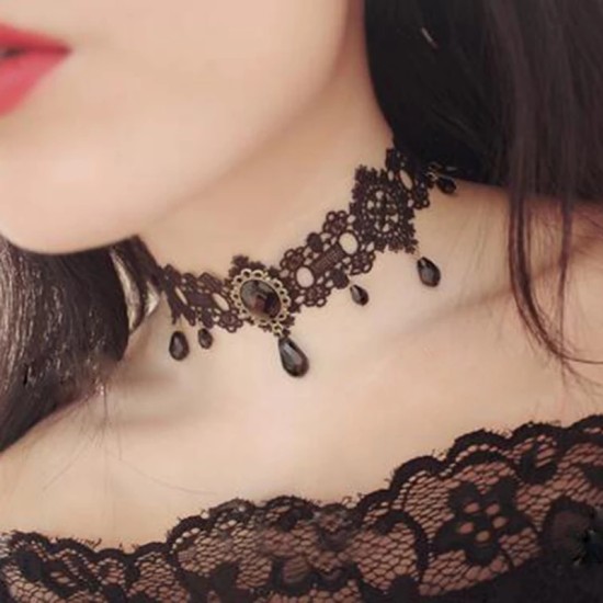 Gothic Crystal Tassel Tattoo Choker Necklace Black Gothic Crystal Tassel Tattoo Choker Necklace Black