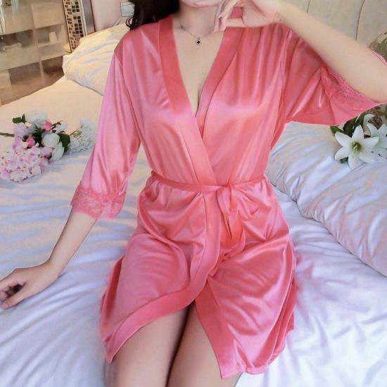 Ladies Silk Satin Nightgown Nightwear Knee Length V-Neck Sleepwear - Rose Pink
