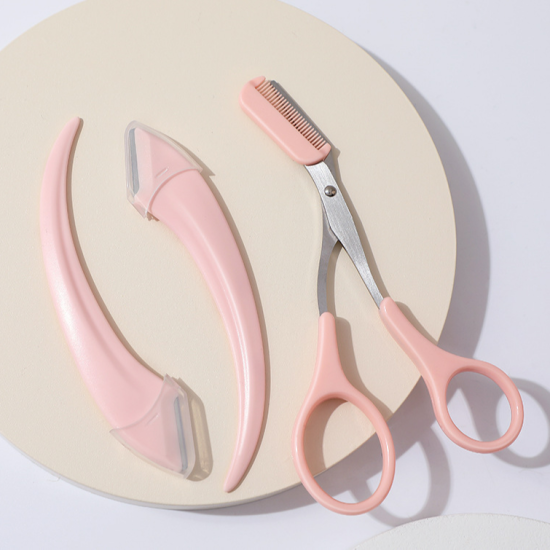 3 Pcs Professional Eyebrow Trimmer Scissor With Comb Hair Removal Pink