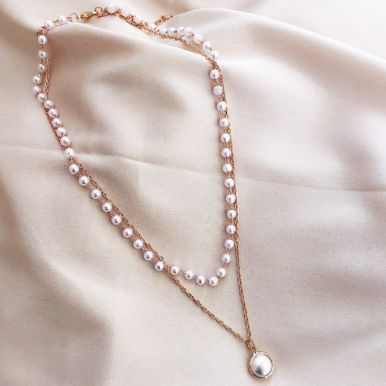 Simple Chain Beaded Multi-Layer Pearl Pendant Necklace Golden
