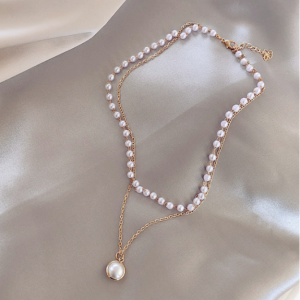 Simple Chain Beaded Multi-Layer Pearl Pendant Necklace Golden
