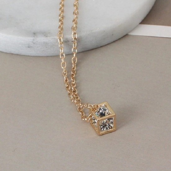 Love Cube Three-Dimensional Necklace Flash Crystal Pendant Golden