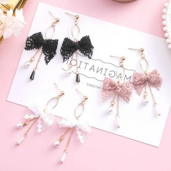 Korean Style Lace Bow Tassel Sweet Earrings Elegant Pearl white