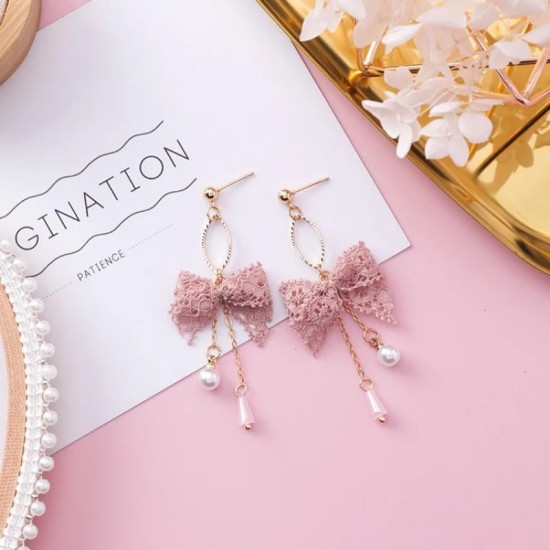 Korean Style Lace Bow Tassel Sweet Earrings Elegant Pearl white