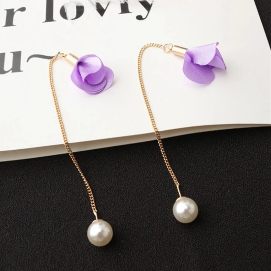 Earrings Flower Tassel Women Imitation Pearl Long Earring Purple