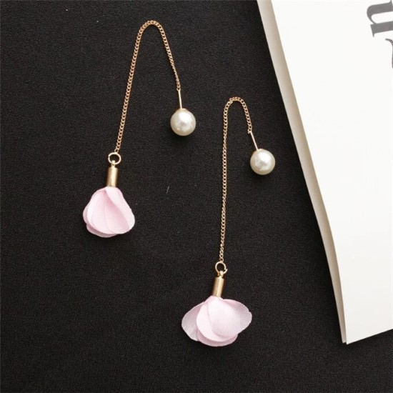 Earrings Flower Tassel Women Imitation Pearl Long Earring Red