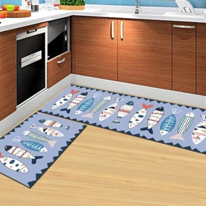 2Pcs Kitchen And Bathroom Non-Slip  Floor Mat Set 40x120 And 40x60 Blue