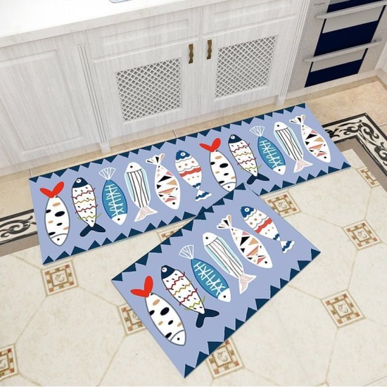 2Pcs Kitchen And Bathroom Non-Slip  Floor Mat Set 40x120 And 40x60 Blue