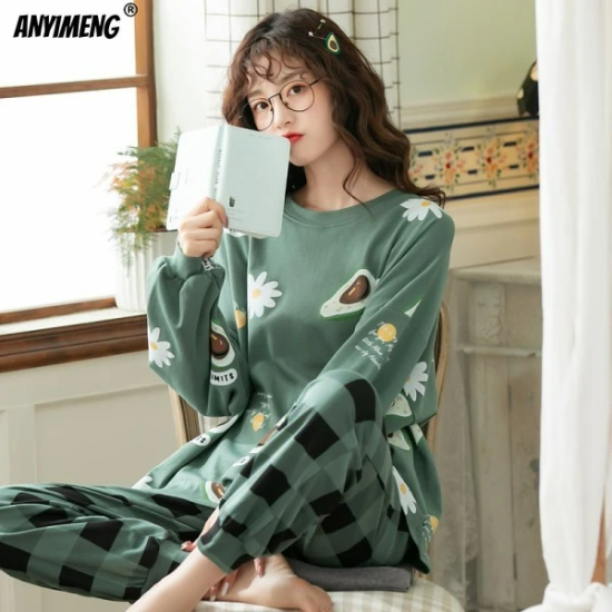 Printed Pajamas Set For Women Sleepwear Homewear Nightwear Green