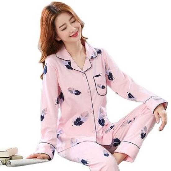 Leaves Printed Pajamas Set for Women Sleepwear Homewear Nightwear