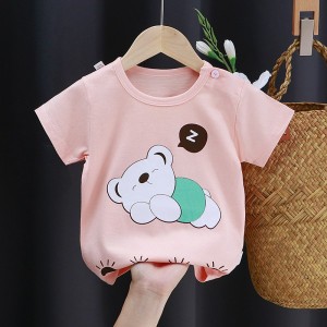 3-6 Months Infant Baby Boy T-Shirt - Newborn Baby Girls Cartoon Print Short Sleeves Round Neck T-Shirt For Kids - Peach
