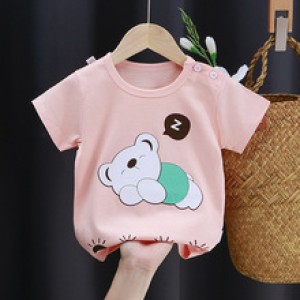 3-6 Months Infant Baby Boy T-Shirt - Newborn Baby Girls Cartoon Print Short Sleeves Round Neck T-Shirt For Kids - Peach