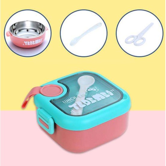 Kids Lunch Box - Inner Stainless Steel Baby Lunch Box With Spoon Scissors Set Food Supplement Bowl For School Home Kids (H 7.3 | W 12.7 | L 14.7 CM) - Pink
