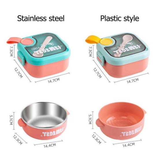 Kids Lunch Box - Inner Stainless Steel Baby Lunch Box With Spoon Scissors Set Food Supplement Bowl For School Home Kids (H 7.3 | W 12.7 | L 14.7 CM) - Pink