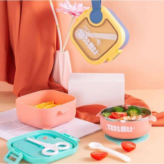 Kids Lunch Box - Inner Stainless Steel Baby Lunch Box With Spoon Scissors Set Food Supplement Bowl For School Home Kids (H 7.3 | W 12.7 | L 14.7 CM) - Pink