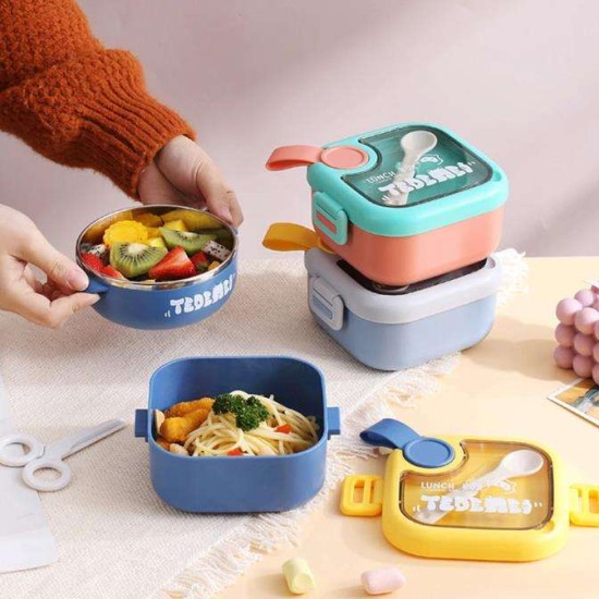 Kids Lunch Box - Inner Stainless Steel Baby Lunch Box With Spoon Scissors Set Food Supplement Bowl For School Home Kids (H 7.3 | W 12.7 | L 14.7 CM) - Pink