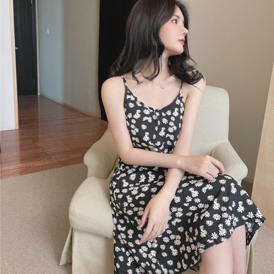 Women Floral Dress - Sling Short Backless Dress  Korean Fashion Casual Dress For Party Events Outdoor Beach - Black
