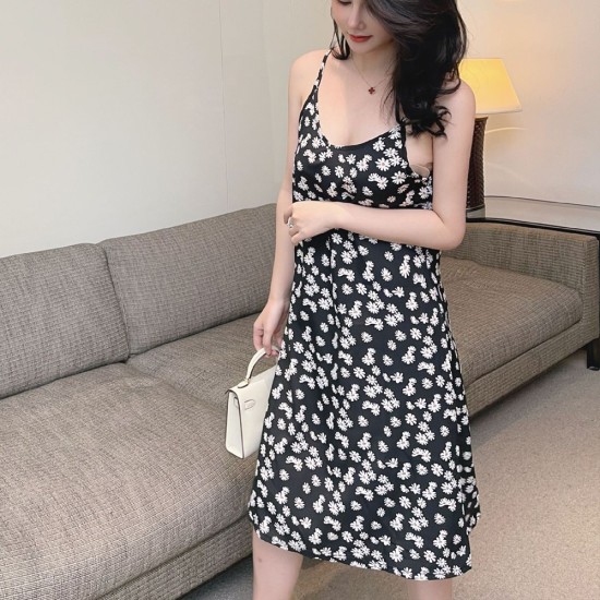 Women Floral Dress - Sling Short Backless Dress  Korean Fashion Casual Dress For Party Events Outdoor Beach - Black