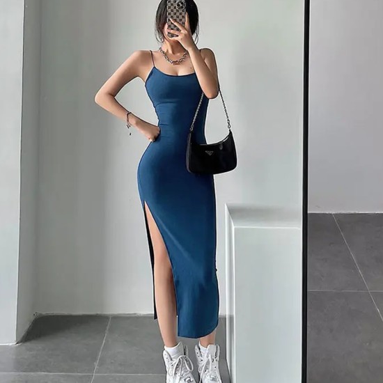 Women Sleeveless Dress - Pure Color Streetwear European Style Side Slit Design Ladies Trendy Dress - Blue Women Sleeveless Dress - Pure Color Streetwear European Style Side Slit Design Ladies Trendy Dress - Blue