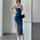 Women Sleeveless Dress - Pure Color Streetwear European Style Side Slit Design Ladies Trendy Dress - Blue Women Sleeveless Dress - Pure Color Streetwear European Style Side Slit Design Ladies Trendy Dress - Blue
