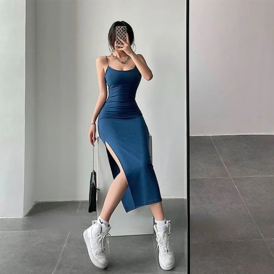 Women Sleeveless Dress - Pure Color Streetwear European Style Side Slit Design Ladies Trendy Dress - Blue Women Sleeveless Dress - Pure Color Streetwear European Style Side Slit Design Ladies Trendy Dress - Blue