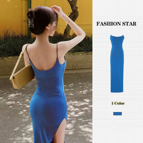 Women Sleeveless Dress - Pure Color Streetwear European Style Side Slit Design Ladies Trendy Dress - Blue Women Sleeveless Dress - Pure Color Streetwear European Style Side Slit Design Ladies Trendy Dress - Blue
