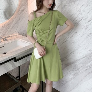 Women's Short Dress - Solid Color Soft Fabric Mini Clothing Dresses For Event Party Korean Style Dress - Green