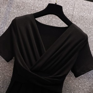 Women Dress - New Temperament Western Style Slimming Pure Color Stylish Dress For Women - Black